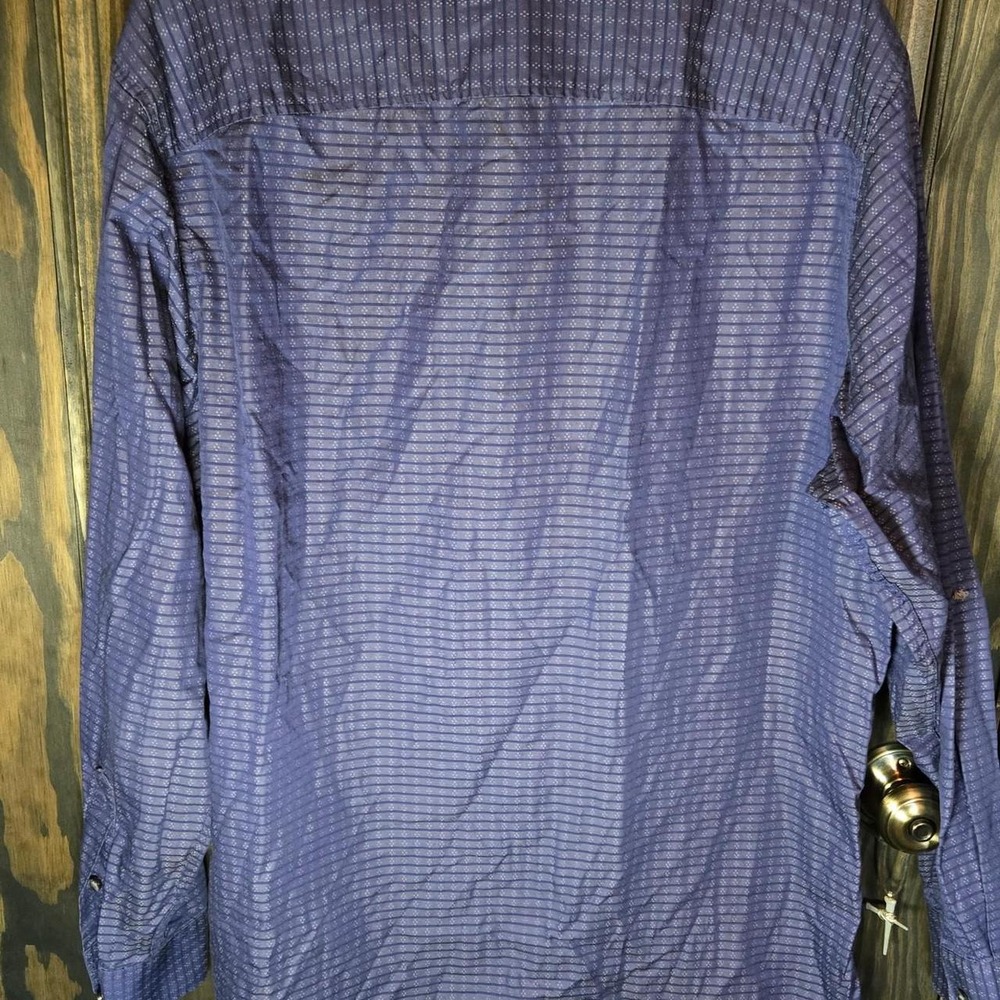 #114- Murano Liquid Luxury Blue & White Striped Button-Up Shirt - Picture 4 of 4